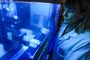 Researcher in front of a blue lit window. Photo.
